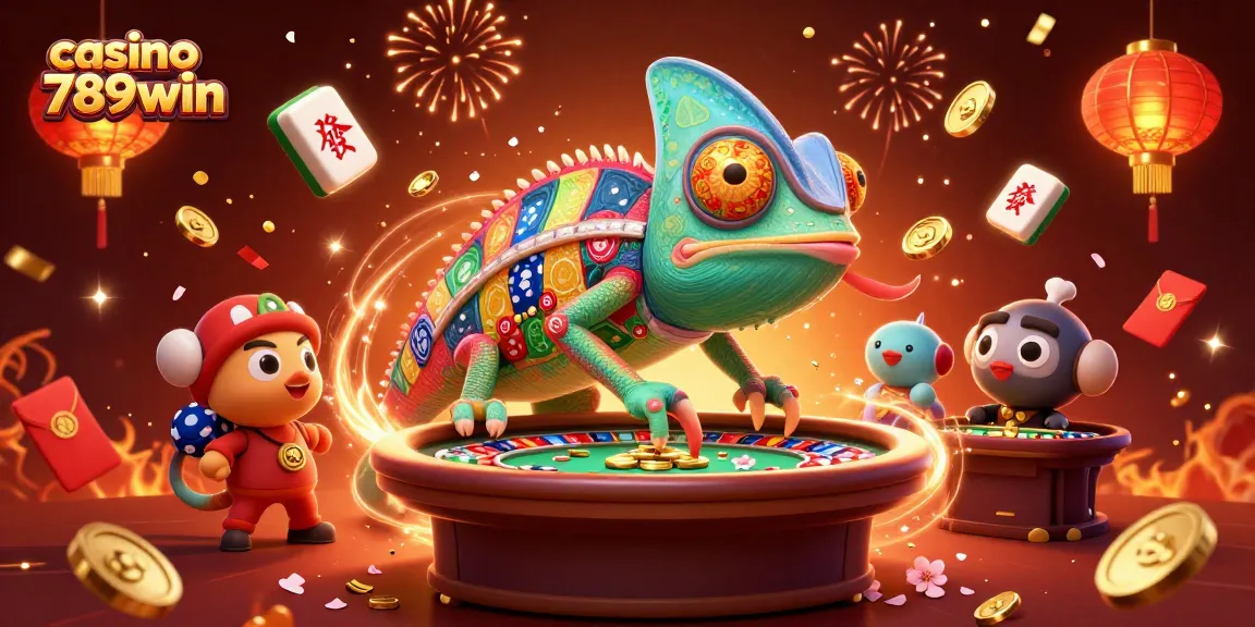 Experience lively gameplay at casino 789win with a vibrant chameleon overseeing the casino action.