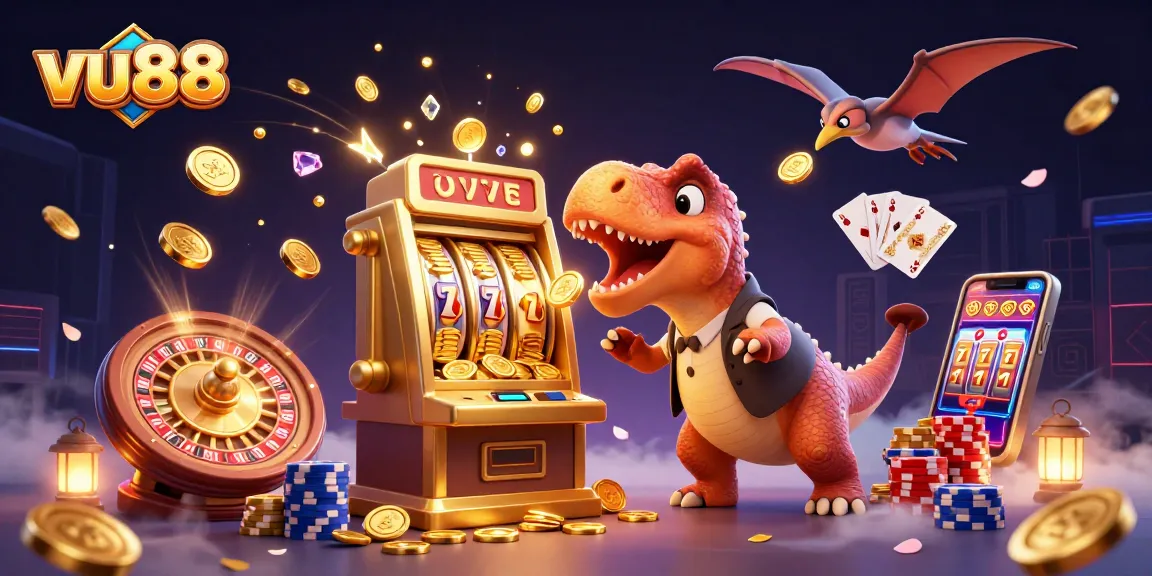 vu88's dynamic scene showcases a pachycephalosaurus hitting a slot machine for a jackpot.
