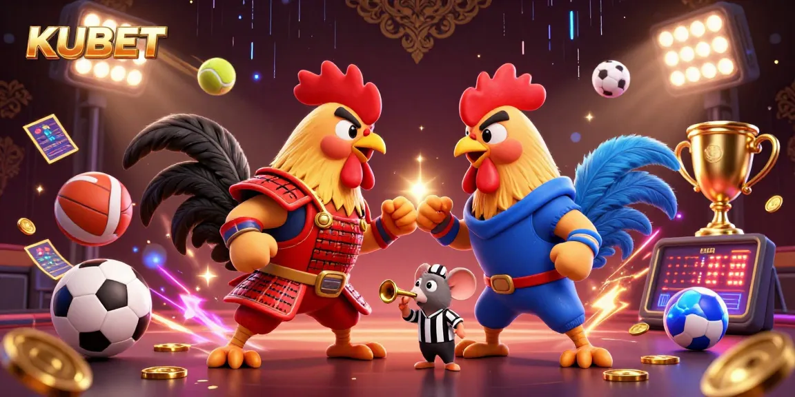 KUBET sports betting showdown with cartoon roosters and dynamic elements in a vibrant atmosphere