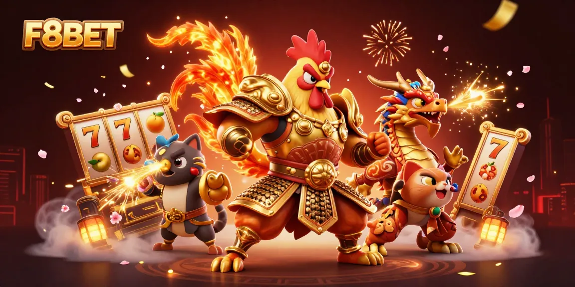 Spin the winning reels at F8BET featuring a dynamic 3D scene with lucky symbols and characters.