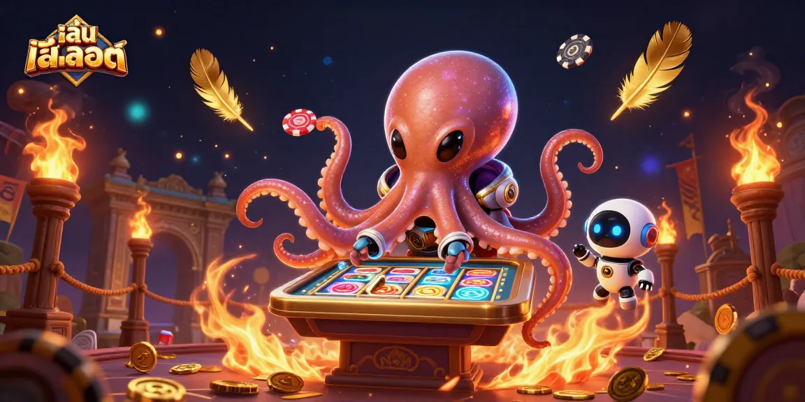 Playing สล็อต with an alien octopus at a floating holographic table in a vibrant, cosmic casino.