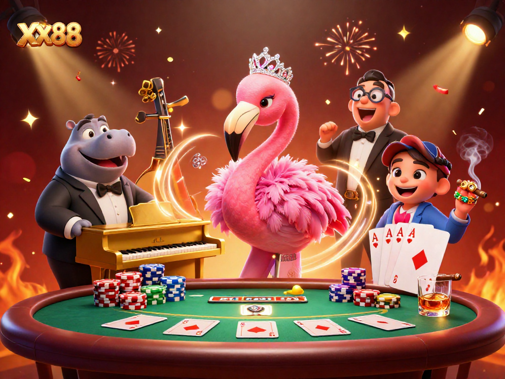 Experience the excitement of XX88 with vibrant gaming elements in a lively casino scene.