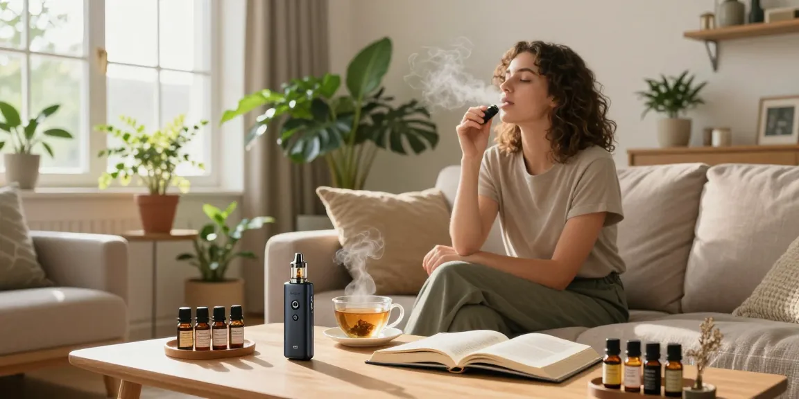 THC vape UK relaxation moment with premium vape device, hemp decor, and wellness items promoting natural health.