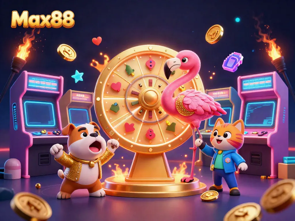 Max88 showcases a vibrant and interactive casino environment with dynamic characters celebrating wins.
