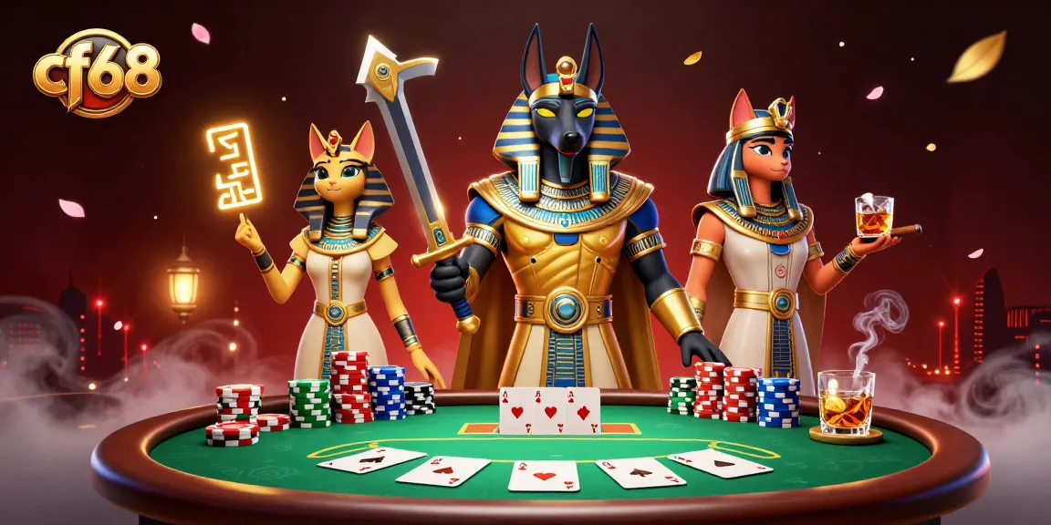 Win exciting games with cf68 featuring a dynamic 3D scene of Anubis and Bastet at a poker table.