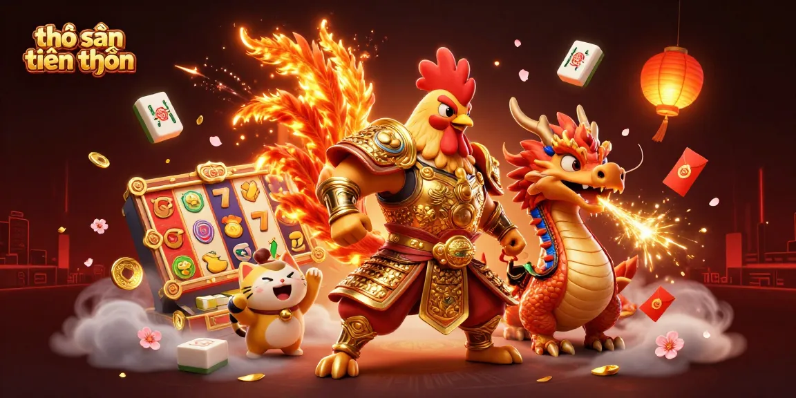 Engage in thrilling thợ săn tiền thưởng adventures with a 3D rooster warrior, dragon hatchling, and vibrant casino symbols.