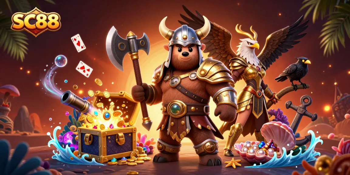 Engage with SC88's thrilling online gaming experience featuring 3D characters and vibrant casino elements.