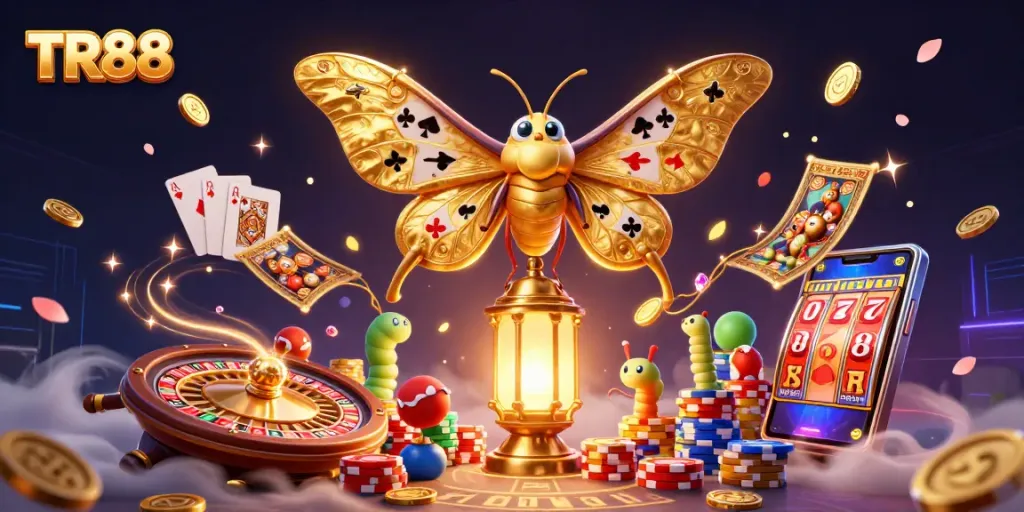 Win big with the dynamic TR88 casino scene featuring 3D characters and vibrant gaming elements.