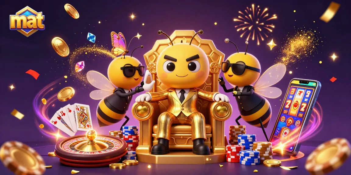 A 3D cartoon bumblebee mob boss among casino elements like coins and cards, representing mat gaming excitement.