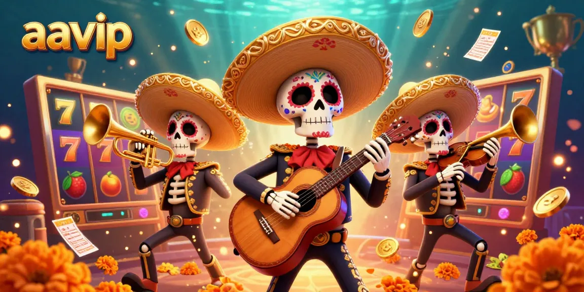 AAVIP casino illustration showcasing a vibrant mariachi band, slot machines, and game elements.