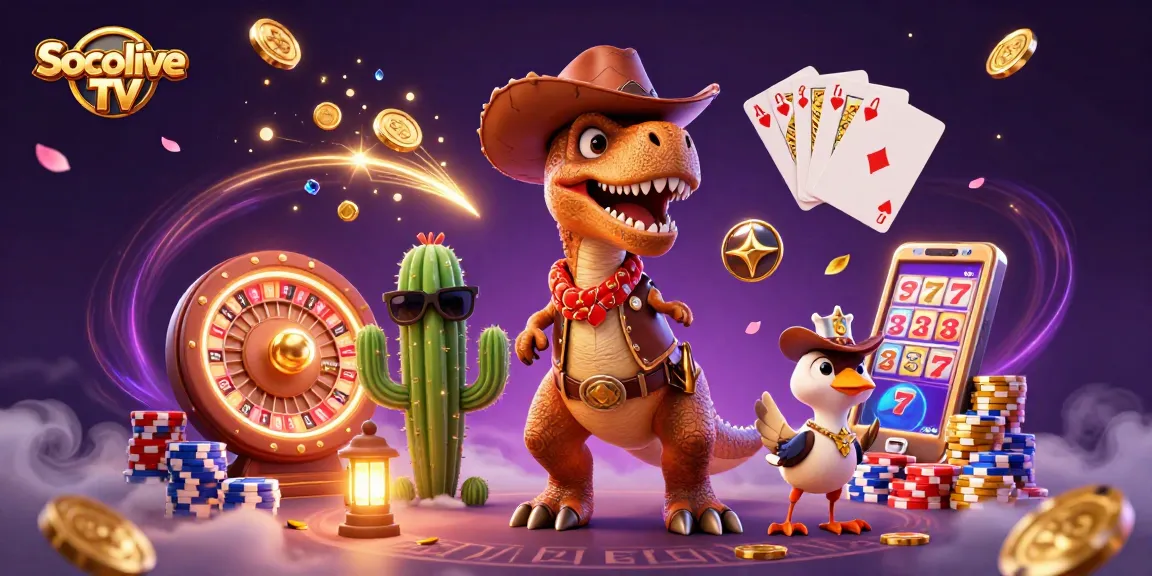 Socolive TV showcases dynamic cartoon characters celebrating winning spins with colorful casino elements.