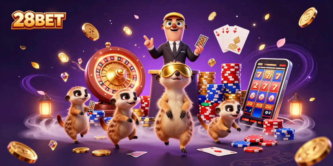 Engage with the 28BET casino experience featuring meerkats running a vibrant game atmosphere