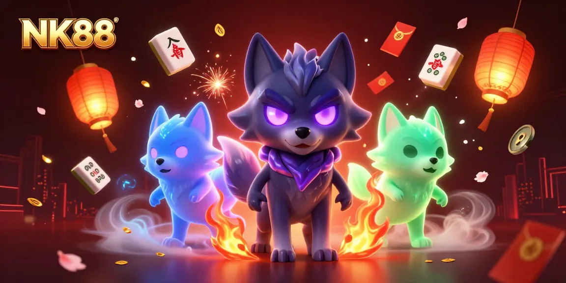 Experience the thrill at NK88 with vibrant casino elements, shadow wolves, and festive decorations.