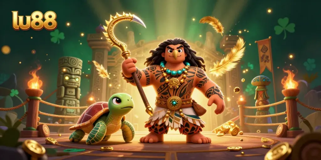 Unlock winning adventures at lu88 with a vibrant 3D cartoon casino scene featuring Polynesian elements.