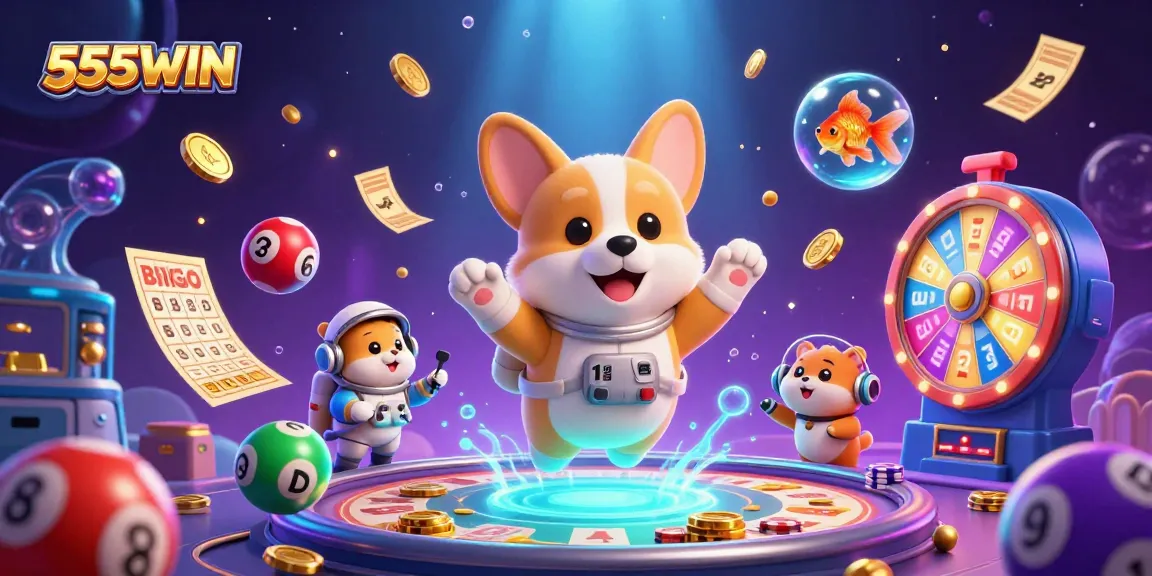 Win exciting prizes at 555WIN, featuring dynamic gaming elements in a vibrant casino scene.