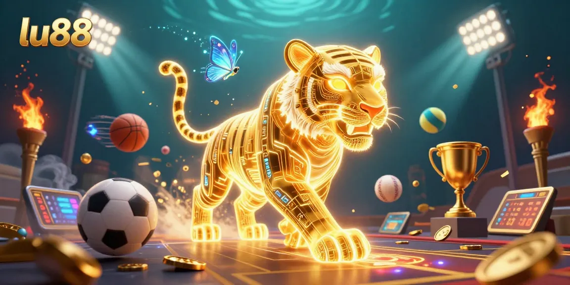 Experience the thrilling digital landscape of lu88 with a golden tiger and vibrant sports elements.
