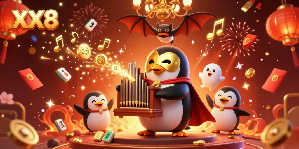 Experience the vibrant XX8 online casino with a festive 3D illustration of a penguin playing a golden organ amidst celebratory elements.