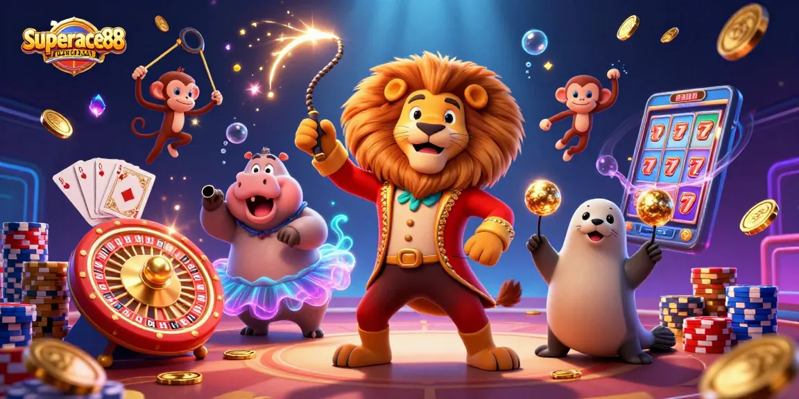 Experience the excitement of superace88 with a vibrant casino-themed illustration showcasing slot games, poker, and roulette!