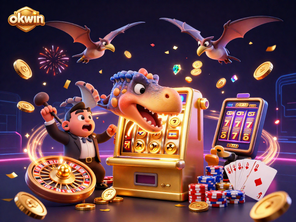 Witness the excitement at okwin as a pachycephalosaurus wins jackpot coins from a slot machine!