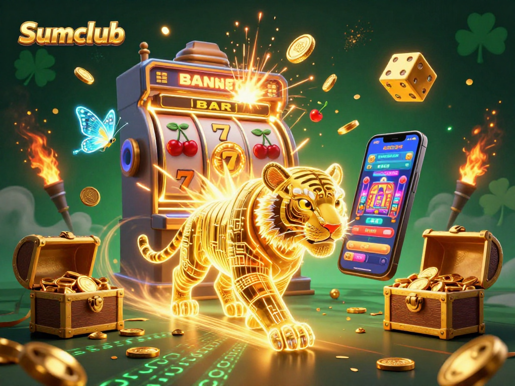 Engage with Sumclub's thrilling casino games featuring a golden tiger and jackpot visuals.