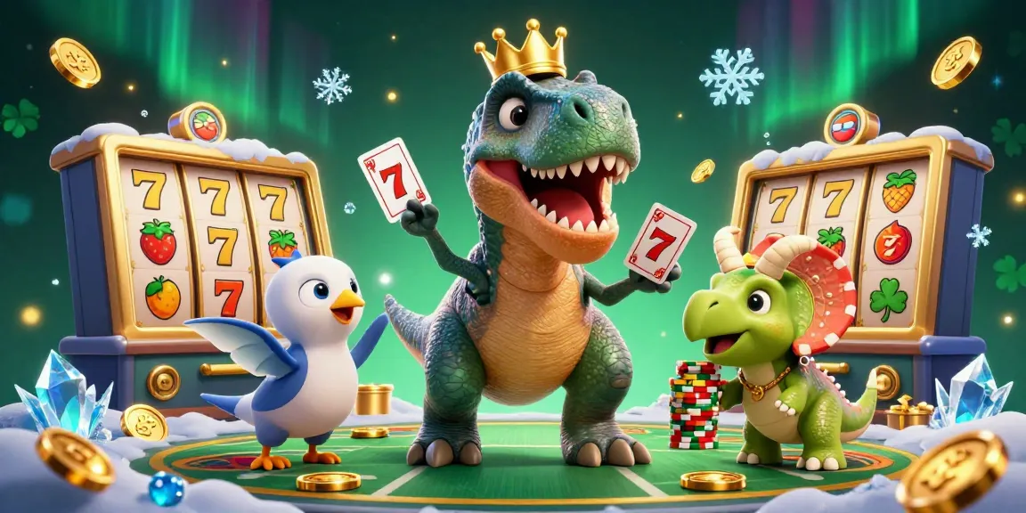Bet on fun with renzifoodservice, featuring a T-Rex and friends in a lively casino scene.