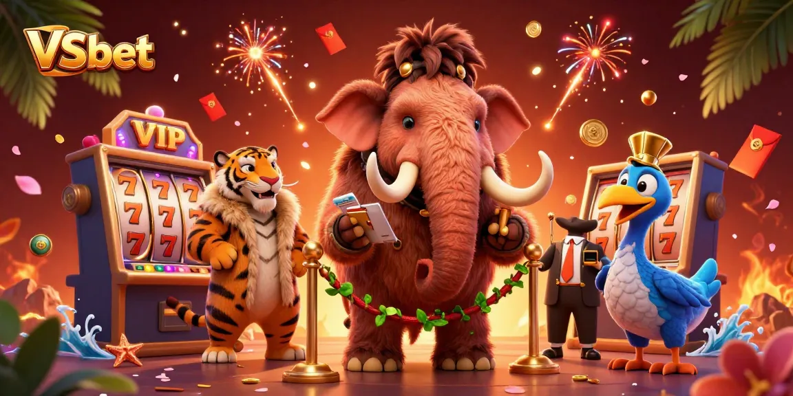 Experience thrilling gaming action with VSbet's exciting casino scene featuring lively characters and vibrant decorations.