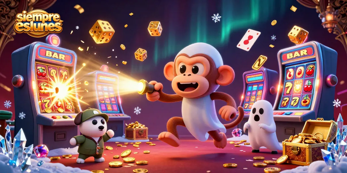 Experience thrilling surprises at siempreeslunes casino with a playful monkey and ghost-hunter puppy in a vibrant gaming atmosphere.