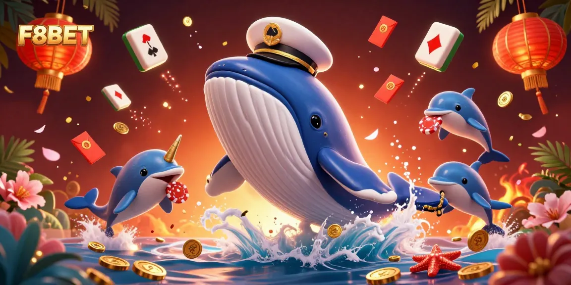 Immerse in F8BET’s vibrant casino landscape with a whale and playful dolphins amidst dynamic treasures.