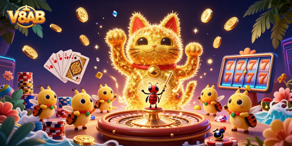 Experience the excitement of V8AB with a vibrant lucky cat and casino symbols animated in a dynamic 3D scene.