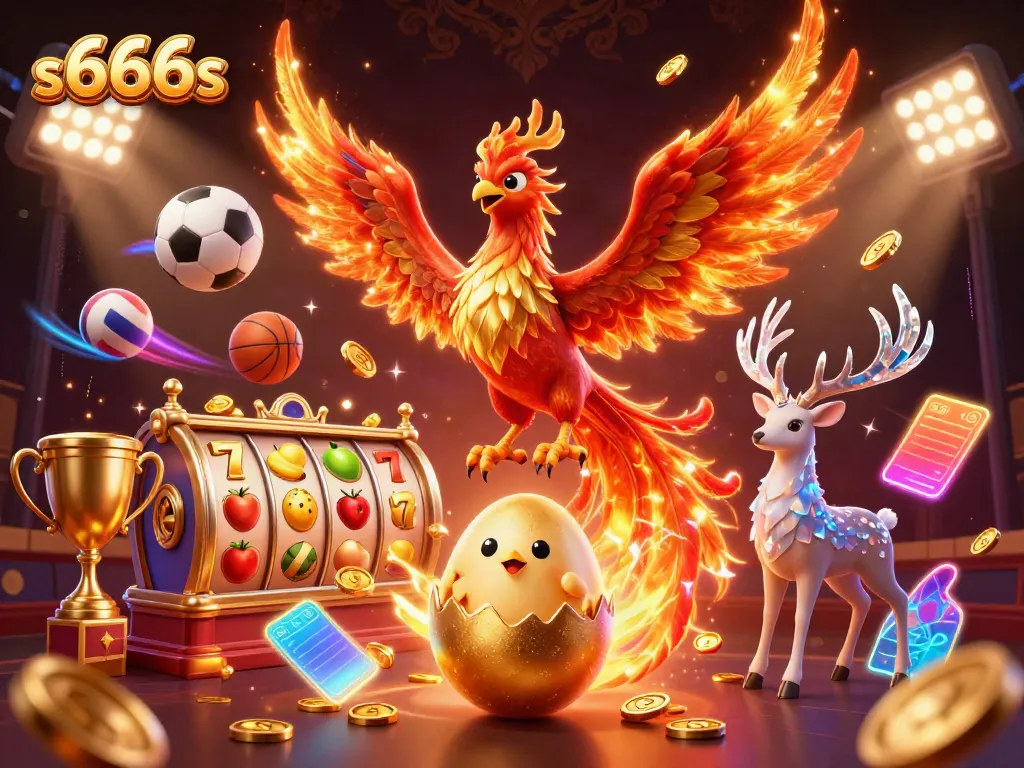 Experience thrilling wins in s666s with a dynamic scene of a phoenix, sports elements, and casino imagery.