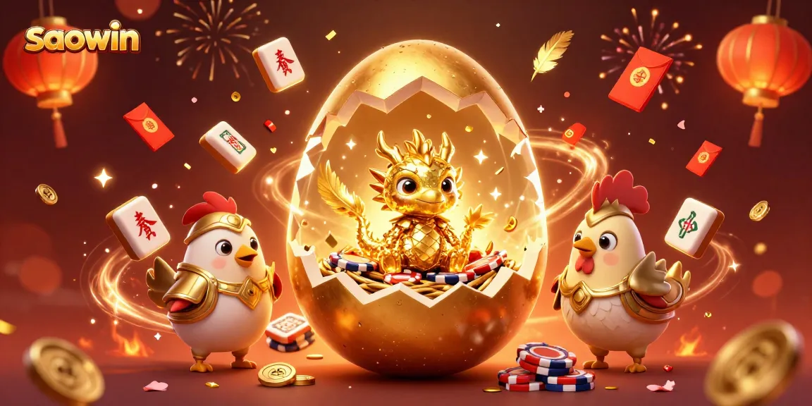 Saowin brings luck with a golden dragon emerging from a nest of poker chips amidst festive gambling elements.