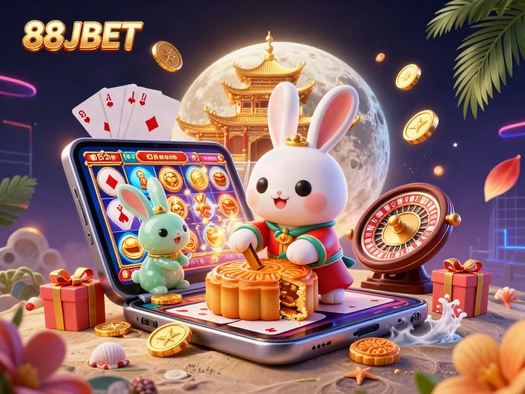 Engage in thrilling gameplay action with 88JBET as a moon rabbit character delights in fabulous casino treasures.