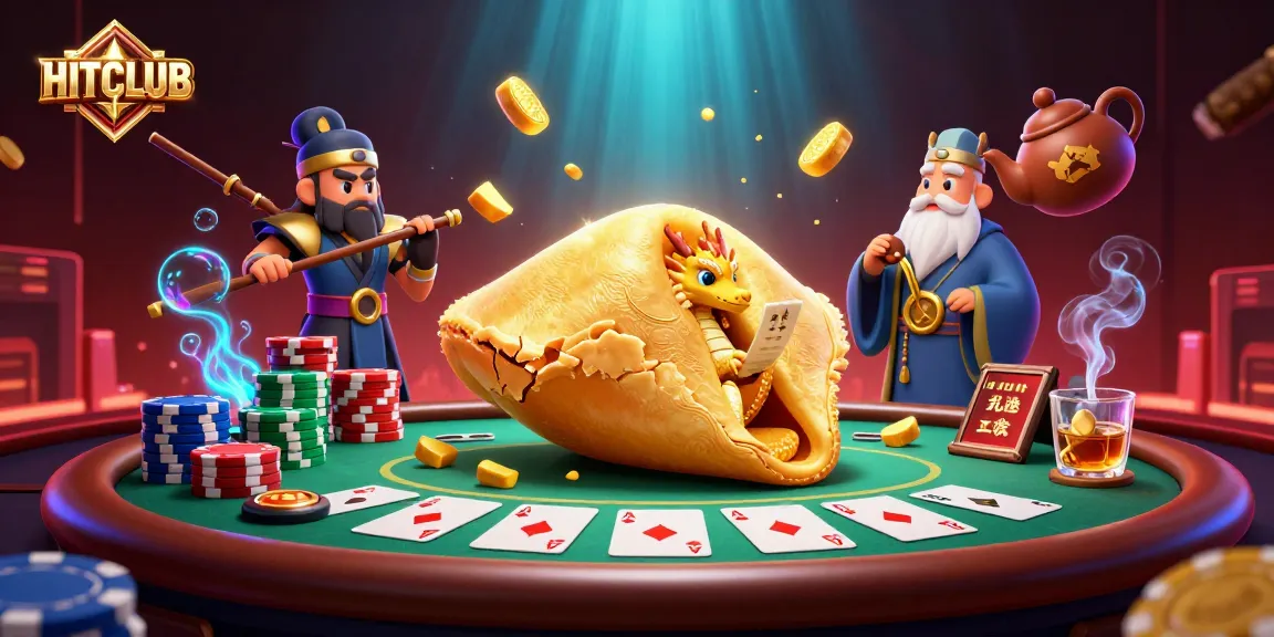 Engage with HITCLUB's vibrant atmosphere featuring a golden fortune cookie, poker elements, and mystical characters.