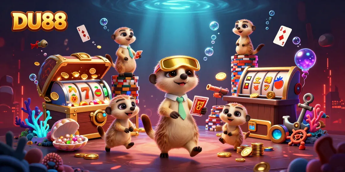 Experience DU88's vibrant underwater casino with meerkats managing slots and spinning reels.