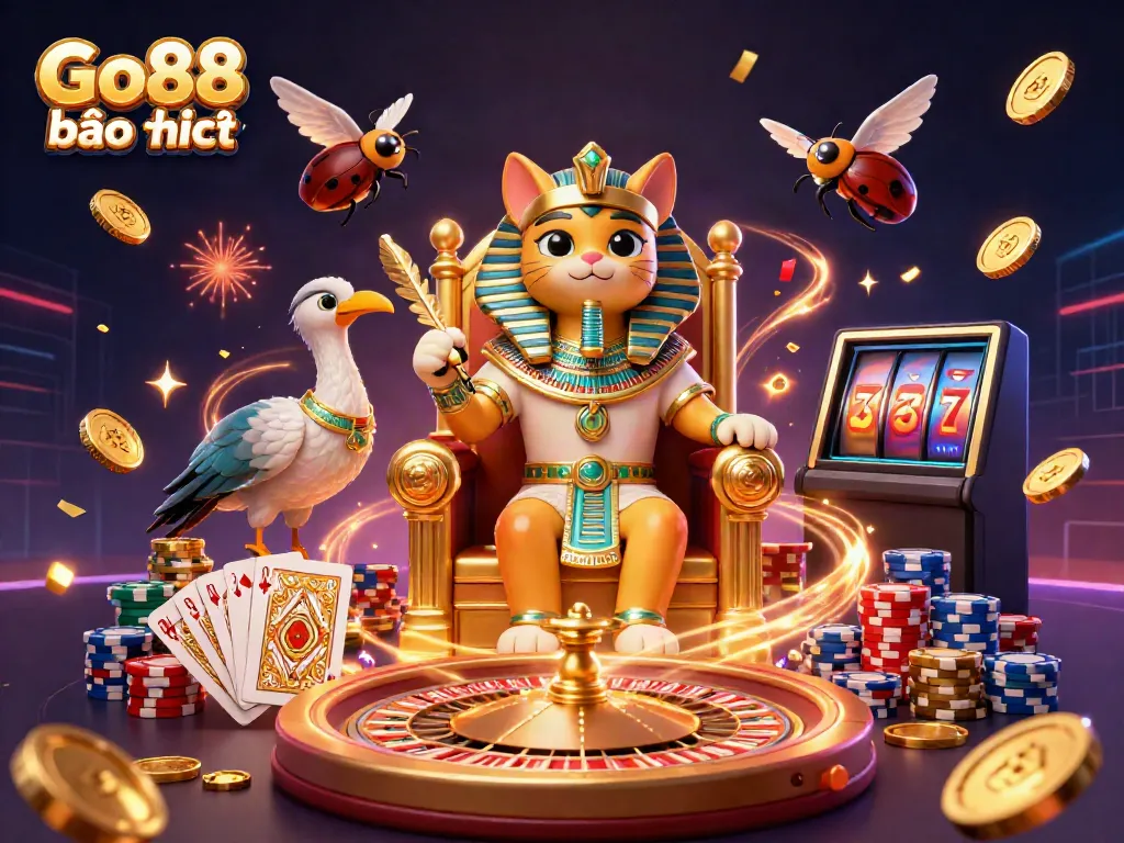 Engage with Go88 bảo mật in a immersive 3D casino scene featuring Egyptian themes and dynamic game elements.