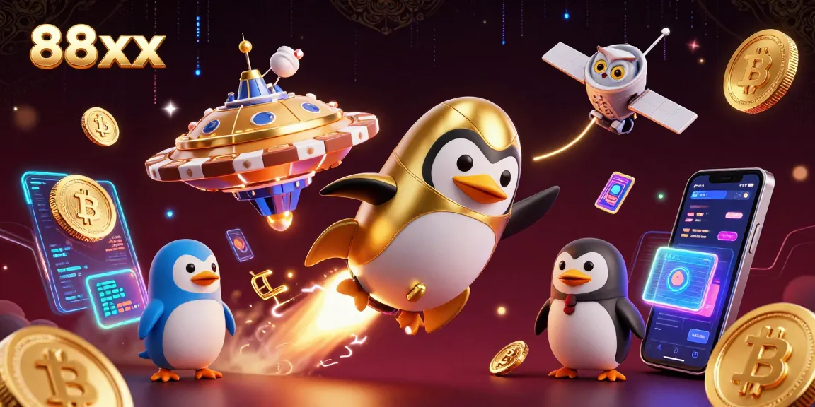 Experience the excitement of 88xx with a golden penguin racing to a casino space station.