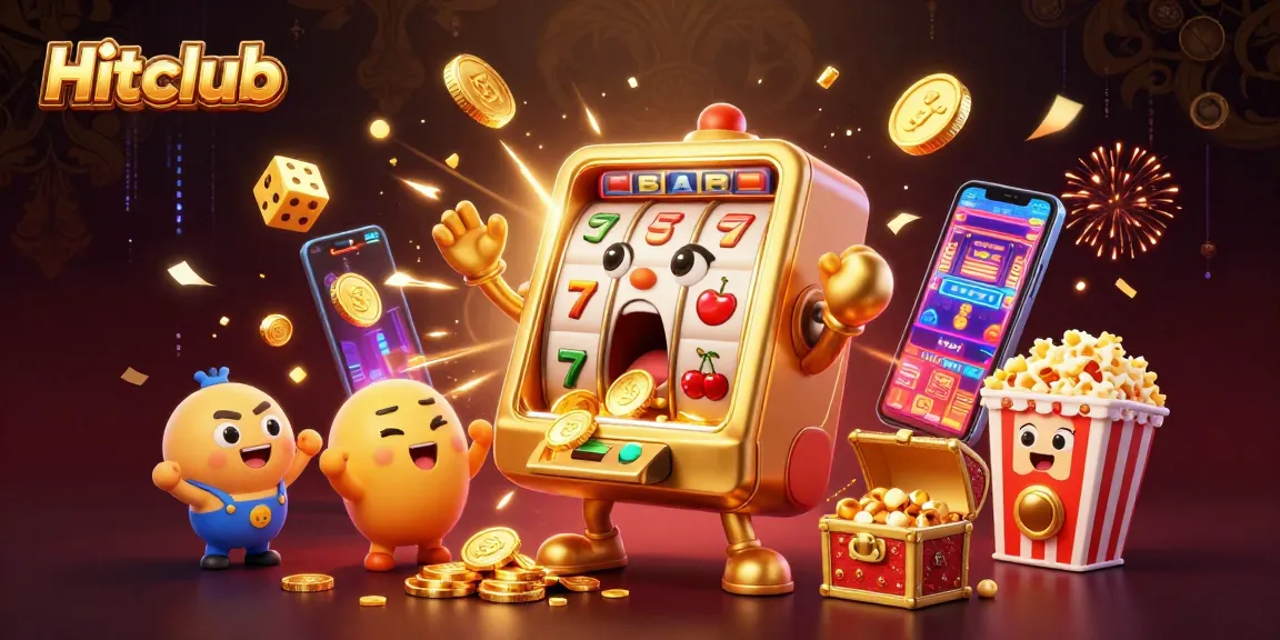Experience Hitclub's vibrant jackpot celebration featuring a golden slot machine, coins cascading, and cheering baby slots.