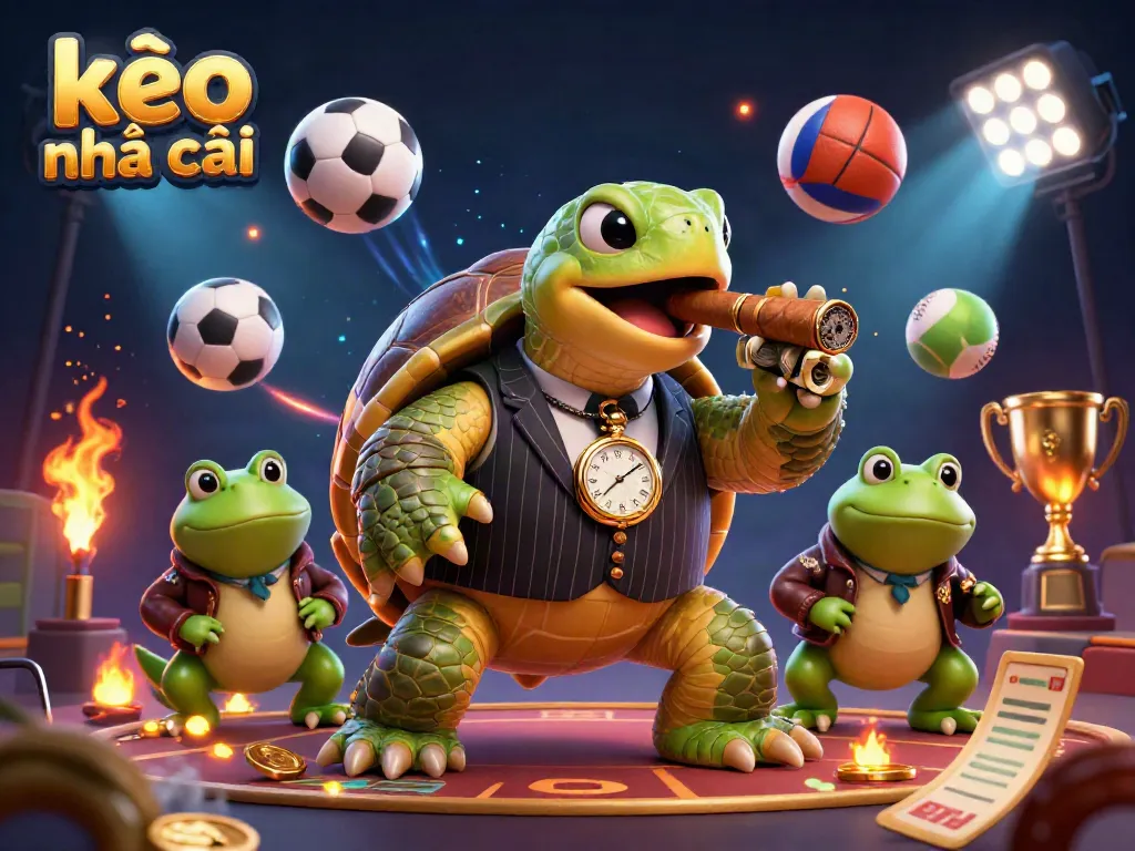 Engage with kèo nhà cái featuring a cartoon snapping turtle in a mobster suit, flanked by bullfrog enforcers, amid dynamic sports elements.