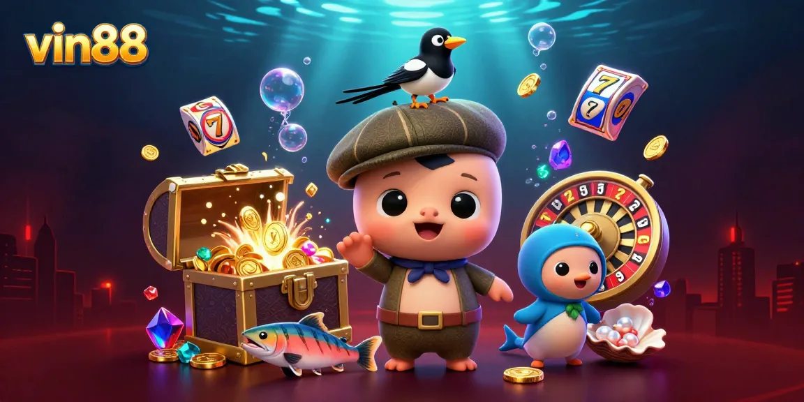 Win big with vin88 - an engaging underwater casino scene filled with lucky symbols and playful characters.