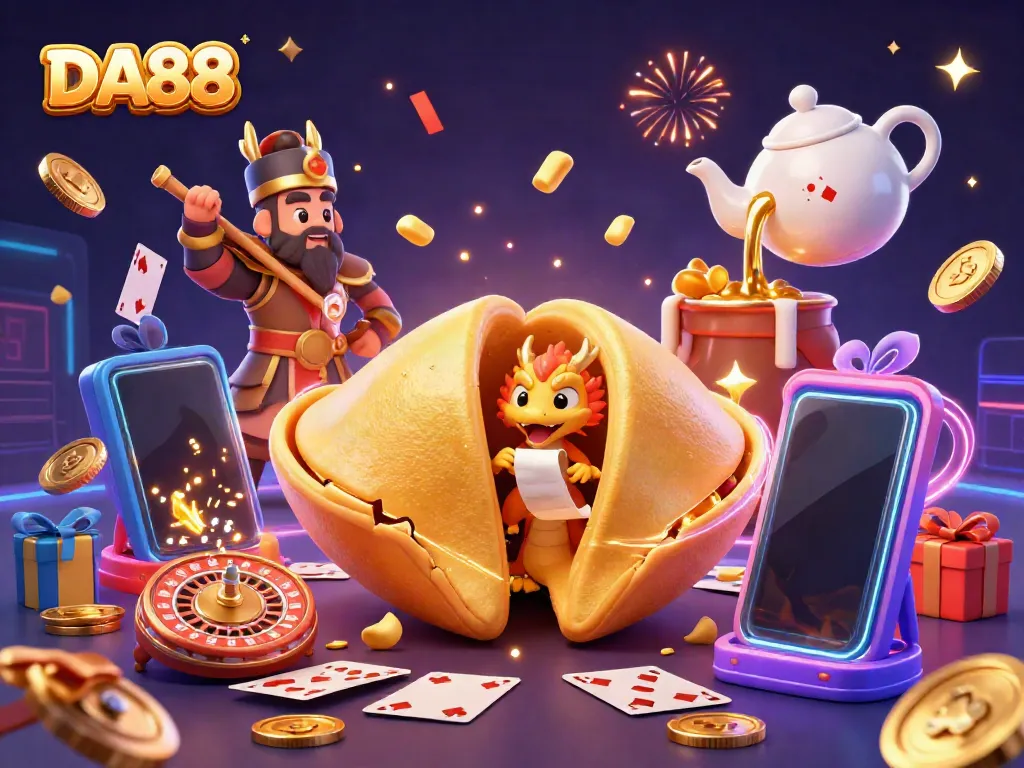 Experience the excitement of DA88 with a vibrant 3D illustration featuring a golden fortune cookie and dynamic slot game elements.