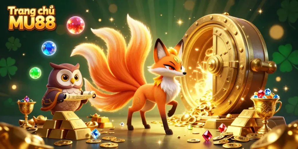 Experience the thrilling world of Trang chủ MU88 with a vibrant nine-tailed fox and golden treasures.