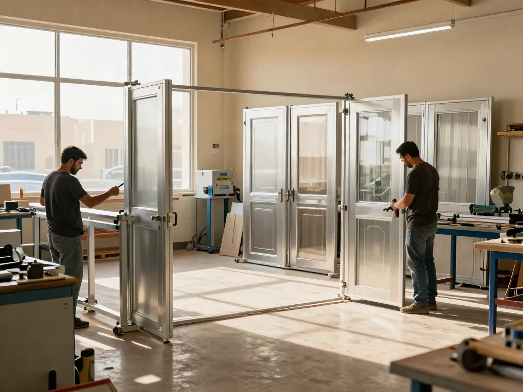 Al Taher Group craftsmen fabricating steel gates and aluminium doors in Fujairah workshop.