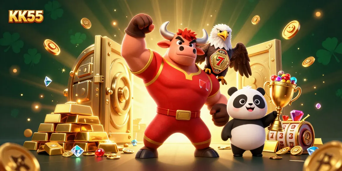 Win at KK55 with a victory scene featuring a bull mascot, eagle, and panda amidst golden treasures and dynamic gaming elements.