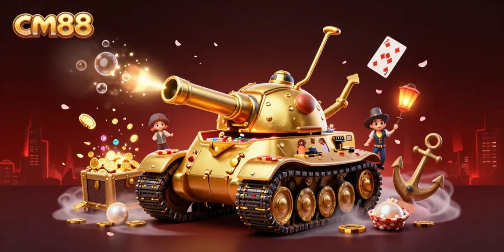 Experience thrilling gaming at cm88 with a vibrant scene of a golden beetle tank revealing a miniature casino.