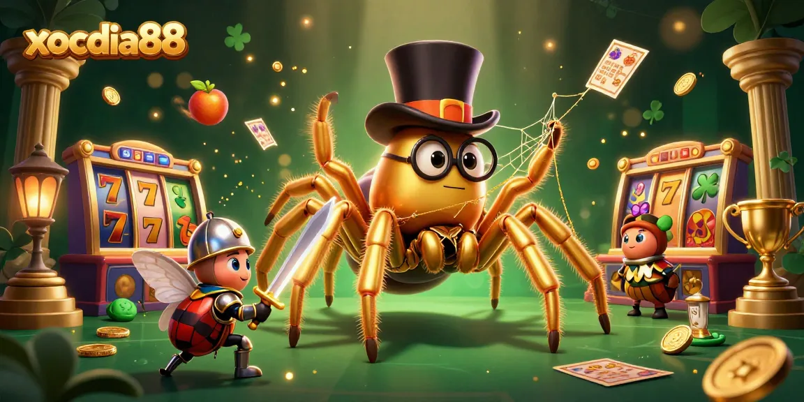 Xocdia88 showcases a vibrant 3D carnival-themed casino scene with a golden tarantula weaving luck.