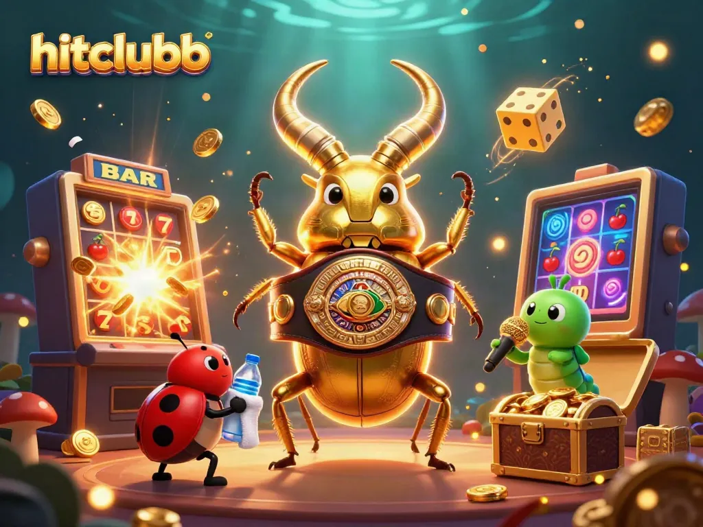 Engage with hitclubb's exciting gameplay featuring a giant beetle champion in a vibrant casino atmosphere.