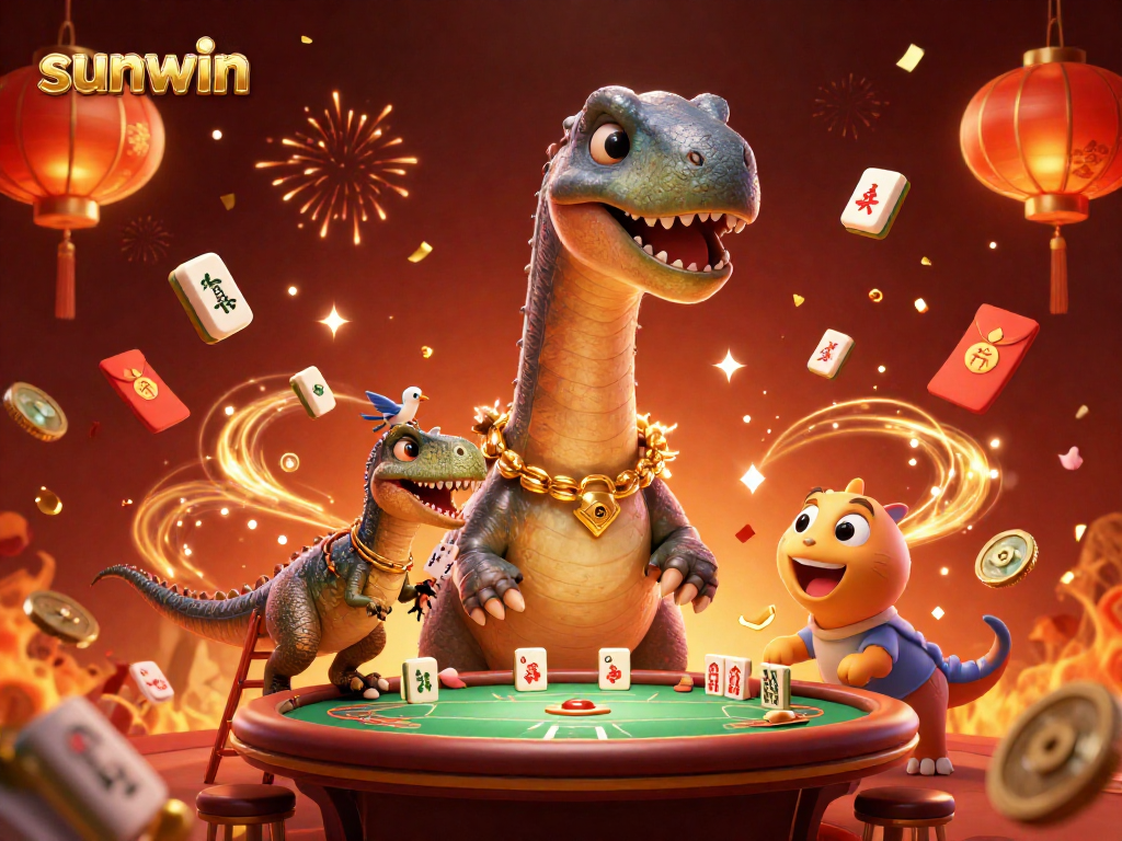 Engage in thrilling gameplay with Sunwin at a vibrant casino scene featuring a brontosaurus and clever raptor.