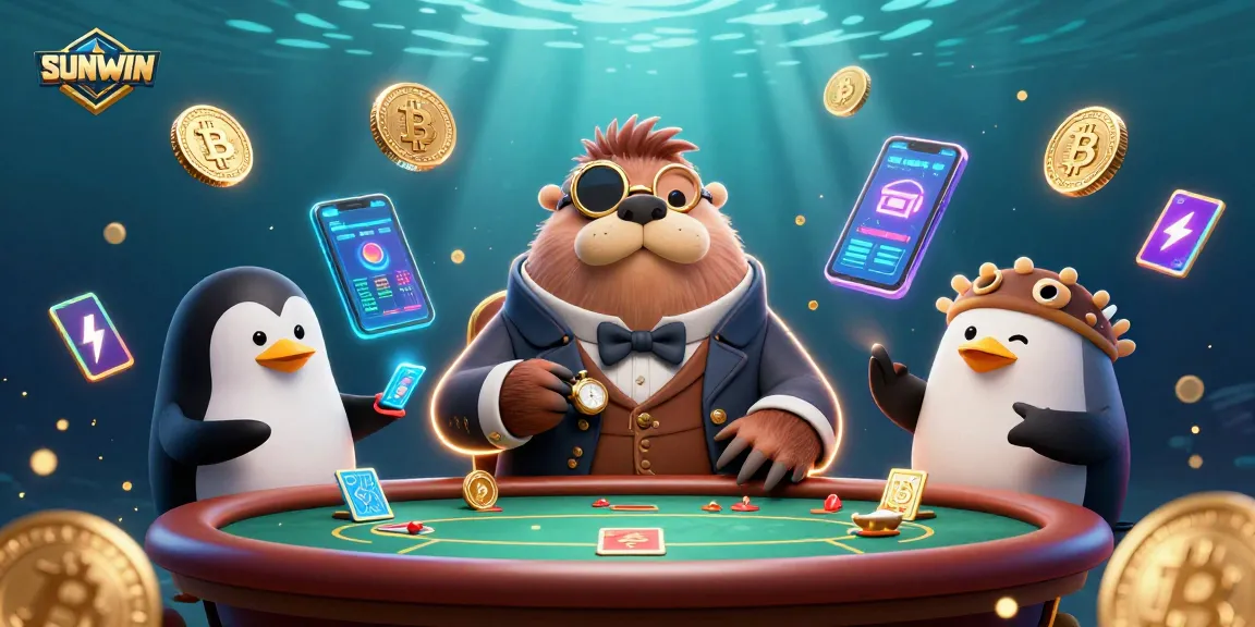 Engage in exciting gameplay with SUNWIN at an underwater poker table featuring unique characters and crypto elements.