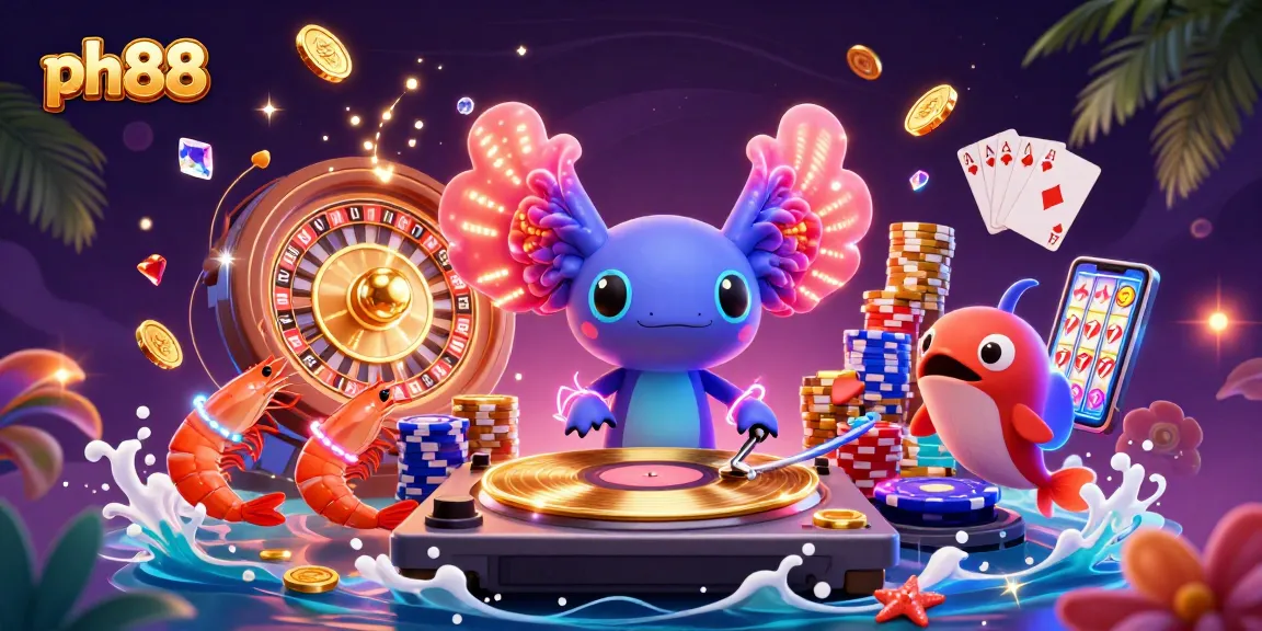 Experience ph88's immersive gaming world with a vibrant axolotl DJ and dazzling casino elements.