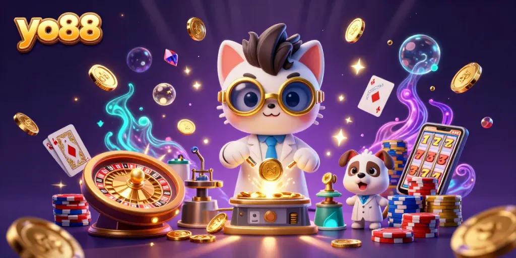 Join the fun at yo88 with a dynamic scene of a mad scientist cat and dog assistant celebrating casino wins!